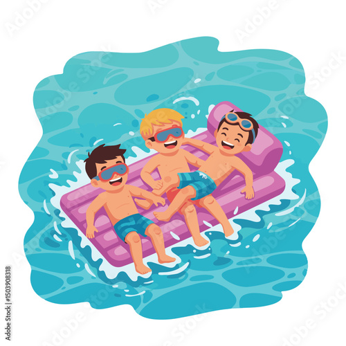 Sun-Kissed Childhood: Happy Tanned Kids Creating Joyful Memories While Floating on an Inflatable Mattress in the Sparkling Ocean.