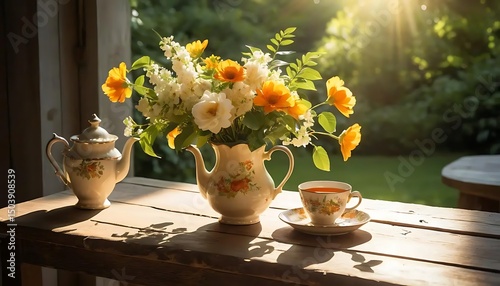 still life with yellow flowers on the vas in front of the window in the morning