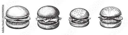 Vintage Sketches of Different Types of Burgers for Culinary Use, logo design, engraving design, vector illustration