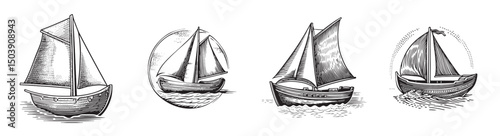 Hand-Drawn Illustrations of Vintage Sailing Boats and Ships, logo design, engraving design, vector illustration