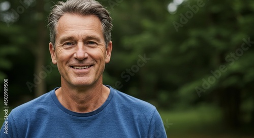 Mature man smiling, indoor setting, serene expression, soft light, casual and confident, middle-aged portrait.
