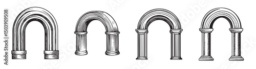 Detailed Collection of Classic Architectural Arches in Various Styles, vintage retro hipster logo design, vector illustration, engraving design
