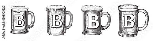 Vintage Beer Mugs with Letter B for Craft Beer or Brewery Design, vintage retro hipster logo design, vector illustration, engraving design