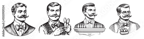 Vintage Gentleman Illustrations with Bow Ties and Mustaches, vintage retro hipster logo design, vector illustration, engraving design
