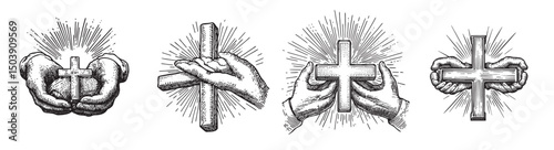 Hands Holding Crosses with Radiant Light Illustrations in Vintage Style, vintage retro hipster logo design, vector illustration, engraving design