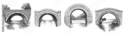 Vintage Illustrations of Four Unique Bridge Designs Over Water, vintage retro hipster logo design, vector illustration, engraving design