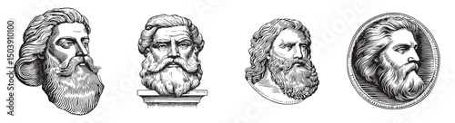 Vintage Engravings of Bearded Male Portraits in Classic Style, vintage retro hipster logo design, vector illustration, engraving design