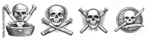 Vintage Pirate Skull and Crossbones Set for Nautical Designs, Set Logo design, Vector Illustration, Engraving style