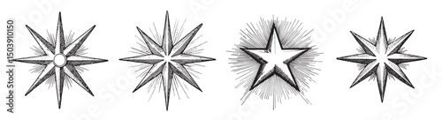 Vintage Star Compass Illustrations with Radiating Lines and Shapes, Set Logo design, Vector Illustration, Engraving style