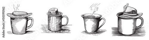 Artistic Illustration of Coffee Cups with Different Hats Designs, Set Logo design, Vector Illustration, Engraving style