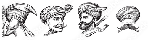 Vintage Cultural Illustrations of Turbans and Mustached Men Profiles, Set Logo design, Vector Illustration, Engraving style