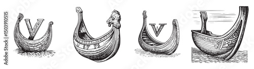 Traditional Viking Ship Designs with Intricate Details and Patterns, Set Logo design, Vector Illustration, Engraving style