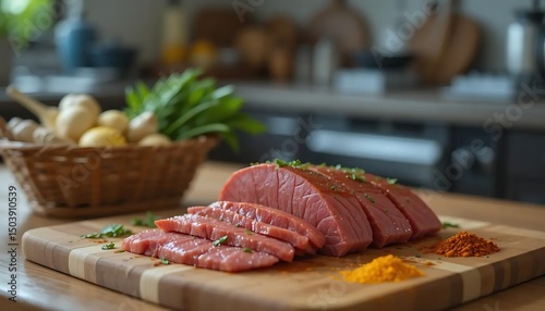 meat and vegetables on the table with blurred kitchen background