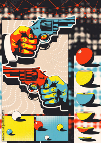 Abstract Poster 1980s Colors, Handguns, Spheres, Sound Waves, Abstract Background, Geometric Shapes