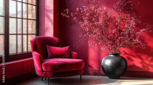 Luxurious velvet chair with soft backrest set against a plain light modern wall.