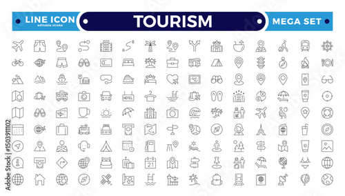 Travel and tourism outline icon set. Airplane, trip, beach, passport, summer vacations, luggage, camping, hotel. Collection of traveling and tourism elements. Editable stroke outline icon.

