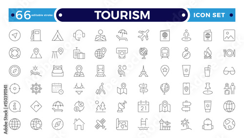 Travel and tourism outline icon set. Airplane, trip, beach, passport, summer vacations, luggage, camping, hotel. Collection of traveling and tourism elements. Editable stroke outline icon.
