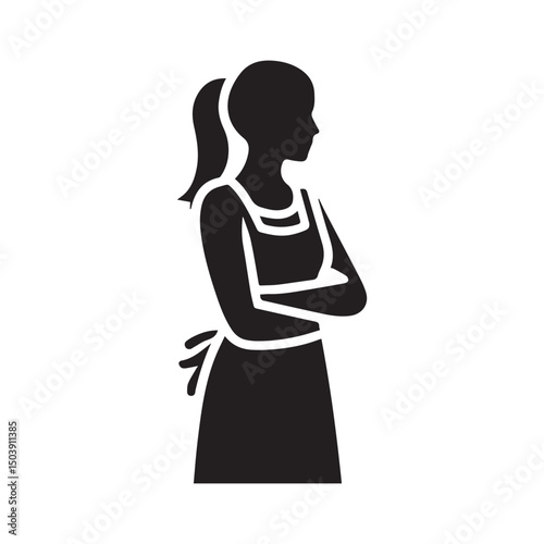 Black and white woman with apron silhouette vector background.