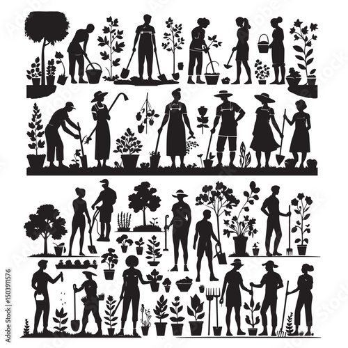set of black various gardening people vector silhouettes isolated on white background