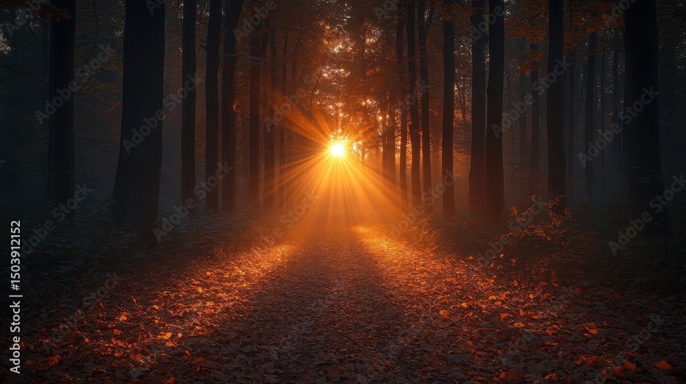 Naklejka premium Golden Sunlight Piercing Through Dense Trees in a Serene Forest Landscape