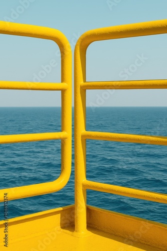 Yellow metal railings overlooking blue ocean under clear sky