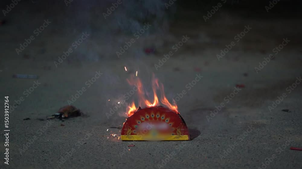 Macro shot of fire cracker going off releasing sparks in the form of a peacock's tail showing innovation during the hindu festival of diwali and the beauty