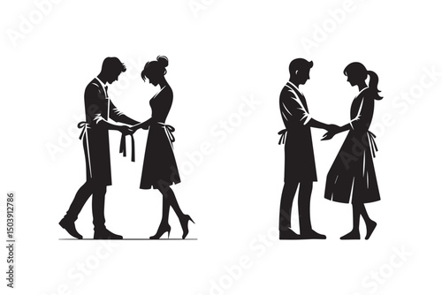Set of couple wearing apron silhouette on white background.