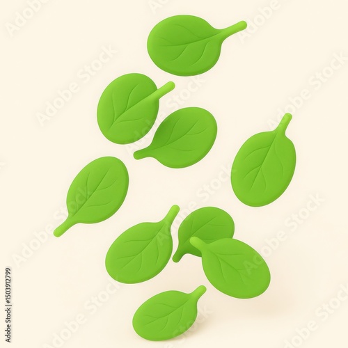 Floating Green Spinach Leaves 3D Rendering on White Background