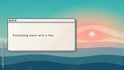 Window with text on a wavy background with a shining star in the sky during sunset illustration