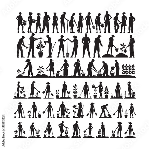 set of black various gardening people vector silhouettes isolated on white background