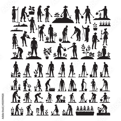 set of black various gardening people vector silhouettes isolated on white background