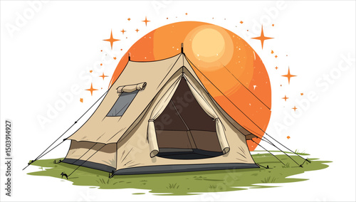 Summer travel adventure with a tent at a green mountain campsite