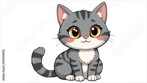 A funny cartoon illustration of a cute domestic kitten with big eyes and a fluffy tail