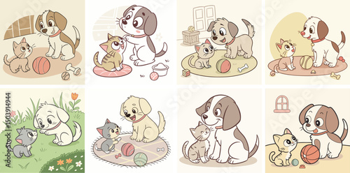 Cute puppies and kittens playing together in various cozy settings  