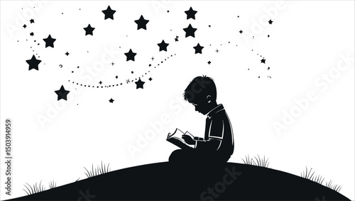 A silhouette of a boy reading a book photo