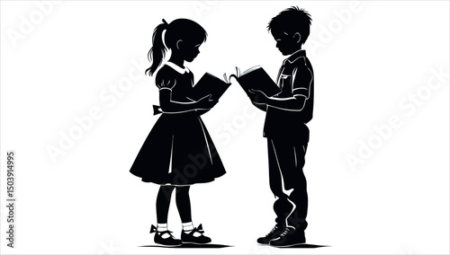 Silhouette of a boy and girl reading books