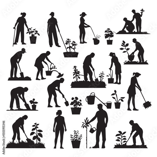 set of black various gardening people vector silhouettes isolated on white background