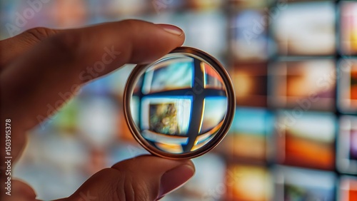 Hand holding a lens with a distorted view of a grid of screens in the background in a close up shot