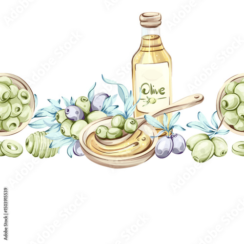 Olives and olive oil framed in a seamless pattern showcasing Italian cuisine and nature beauty