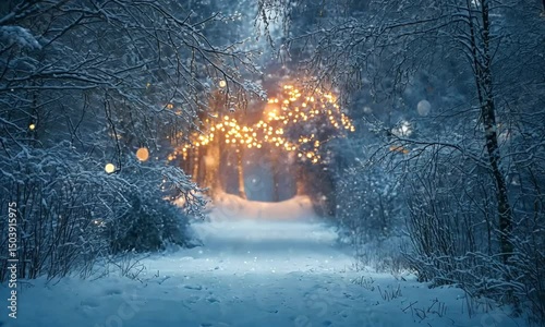 Winter forest path with warm light