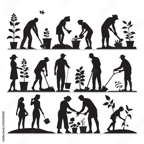 set of black various gardening people vector silhouettes isolated on white background