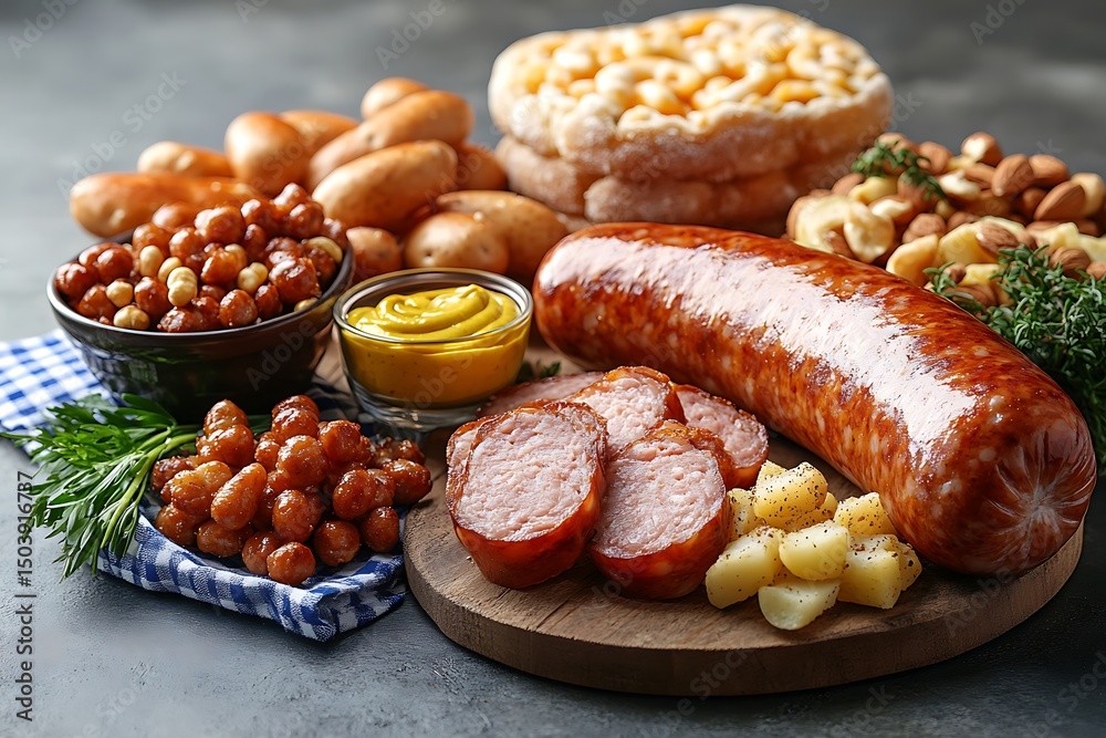 Delicious german sausage platter with snacks Delicious german sausage platter with snacks