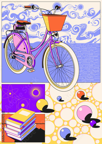 Abstract Poster 1980s Colors. Women's bicycle with basket, Books, Wind, Galaxy, Balls, Abstract Background