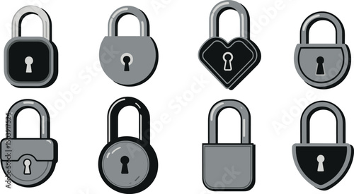 Metal padlocks of different forms flat illustration set