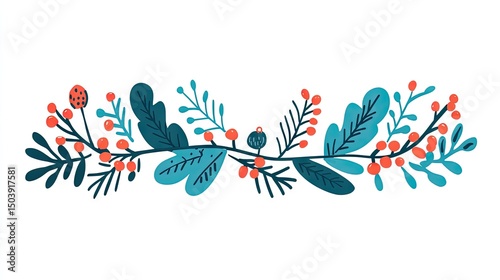Festive winter arrangement of stylized leaves and berries.