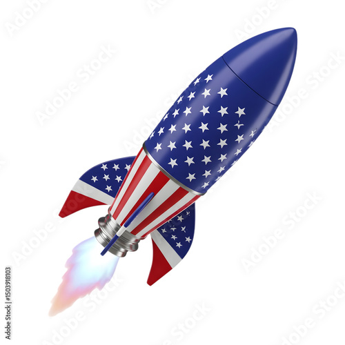 Dynamic futuristic rocket with red, white, and blue stars and stripes design isolated on a transparent background