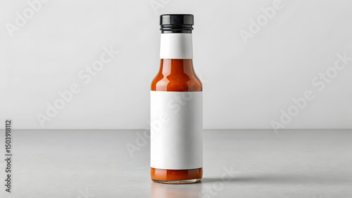 Mockup of glass pepper sauce bottle with white label and dark cap, perfect for tangy dip branding, fiery marinade packaging or gourmet spicy food presentation