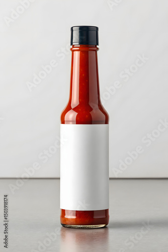 Glass hot sauce bottle mockup with blank white label and black cap on light background, perfect for branding, spicy condiment packaging or product design