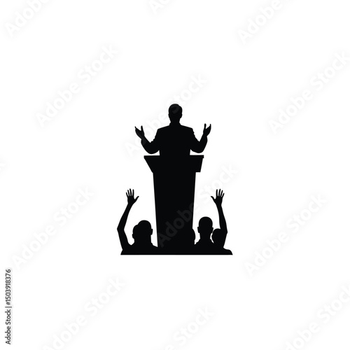 Silhouette of speaker on podium on white background