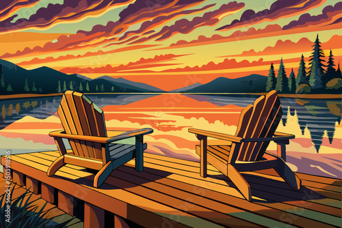 View of Two Adirondack chairs on a wooden dock on a lake in Muskoka landscape